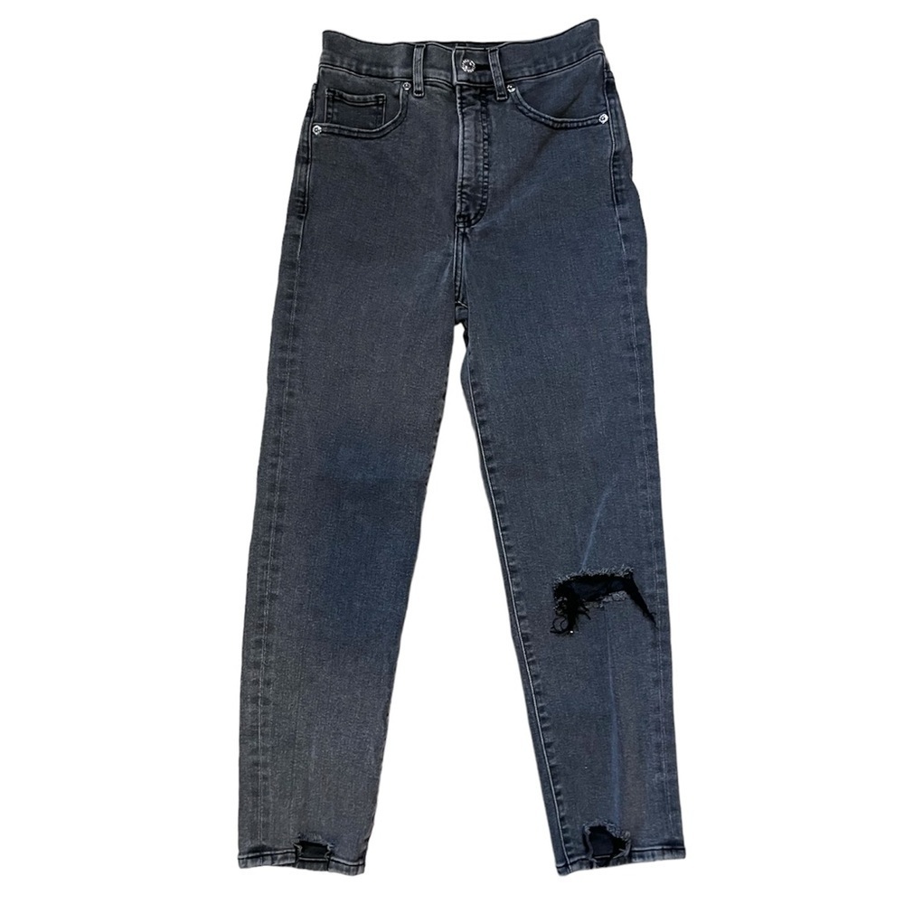 Express Womens Black Distressed Raw Hem Mom Jeans Size 00 Stretch High Rise